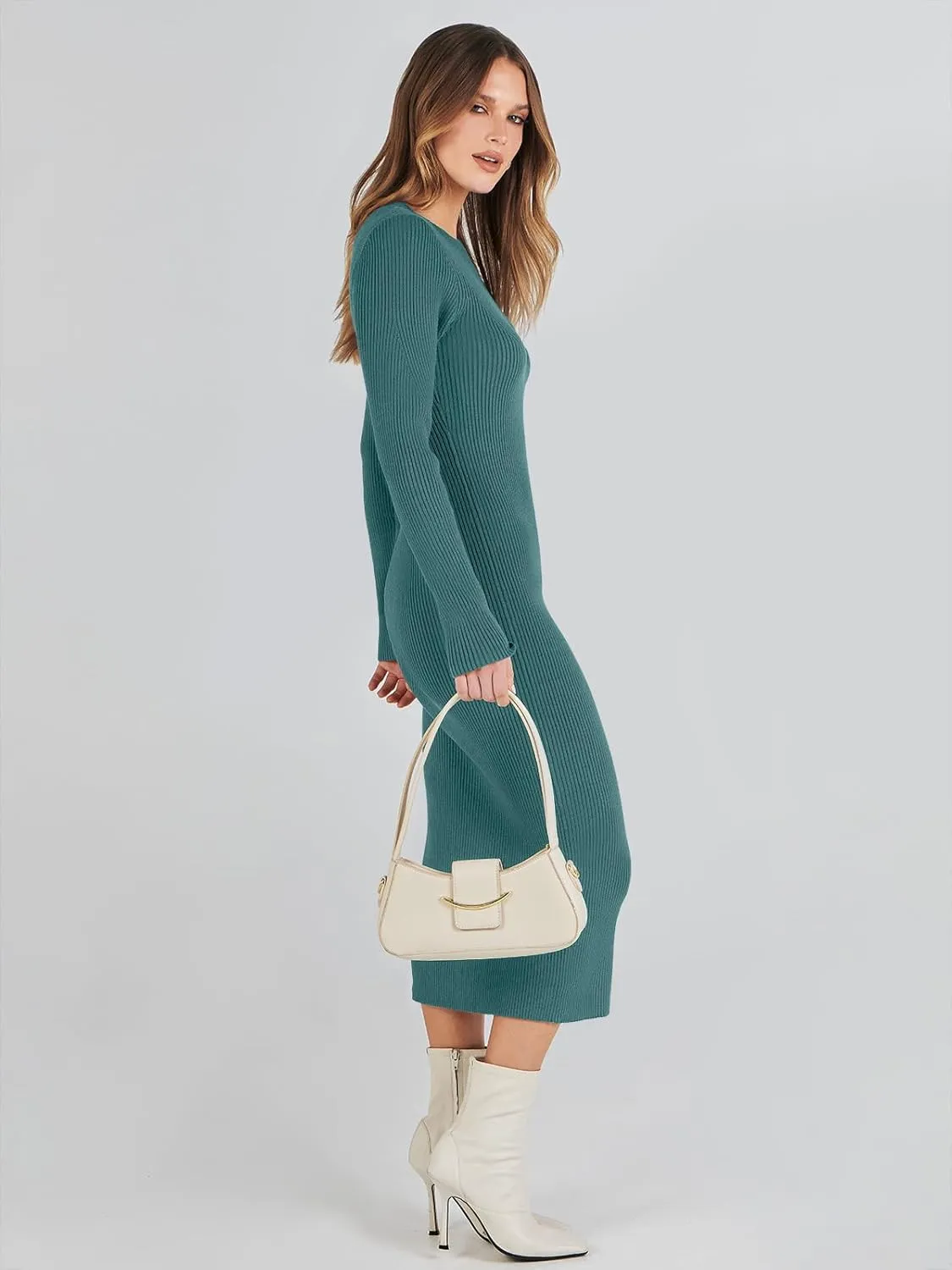 ANRABESS Women Long Sleeve Crewneck Sweater Dress Ribbed Knit Stretch Slim Fit Bodycon Midi Dresses Fall Fashion Outfits