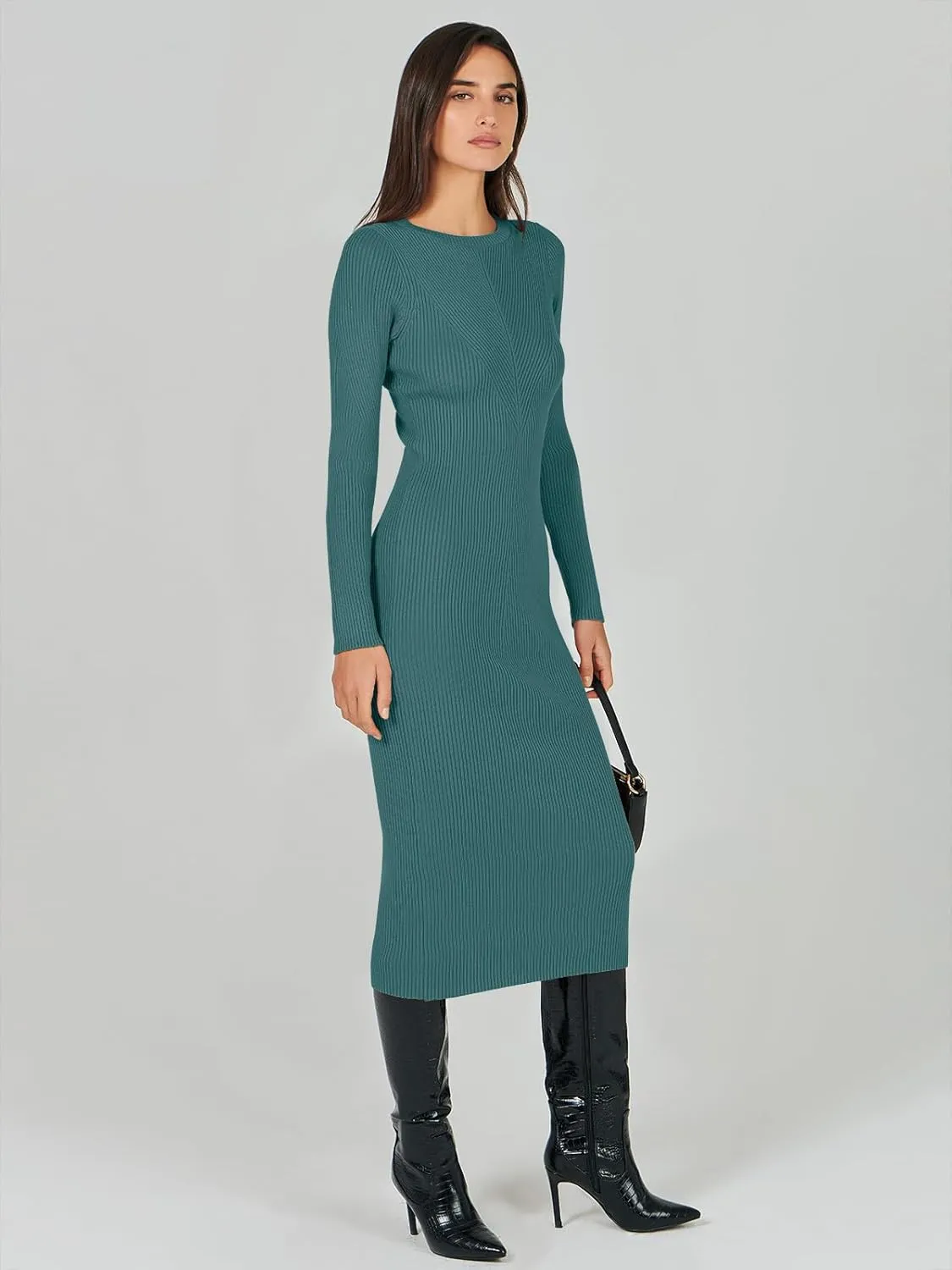 ANRABESS Women Long Sleeve Crewneck Sweater Dress Ribbed Knit Stretch Slim Fit Bodycon Midi Dresses Fall Fashion Outfits