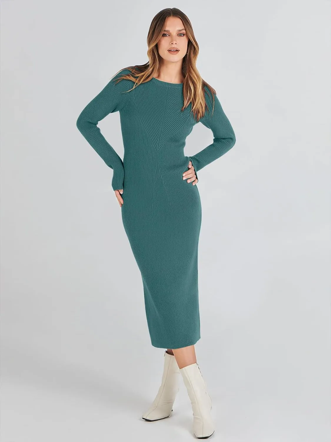 ANRABESS Women Long Sleeve Crewneck Sweater Dress Ribbed Knit Stretch Slim Fit Bodycon Midi Dresses Fall Fashion Outfits