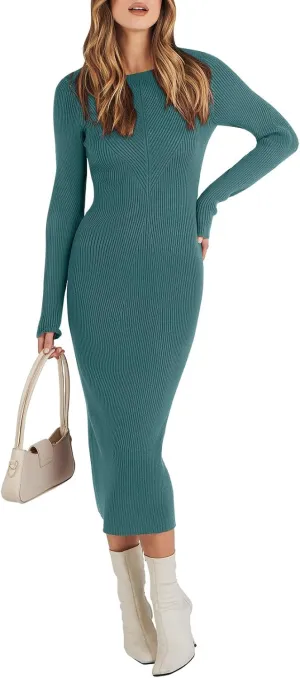 ANRABESS Women Long Sleeve Crewneck Sweater Dress Ribbed Knit Stretch Slim Fit Bodycon Midi Dresses Fall Fashion Outfits