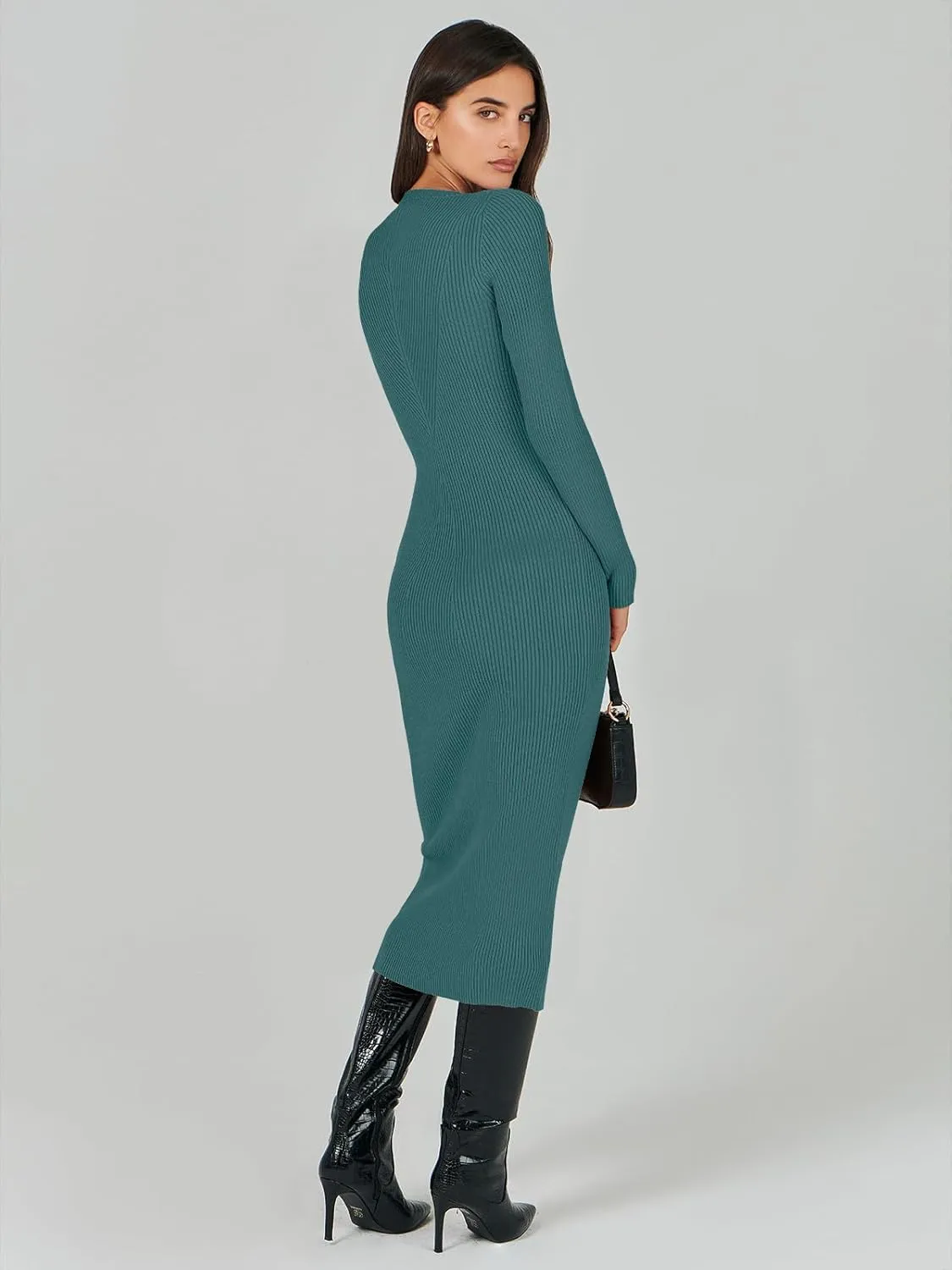 ANRABESS Women Long Sleeve Crewneck Sweater Dress Ribbed Knit Stretch Slim Fit Bodycon Midi Dresses Fall Fashion Outfits