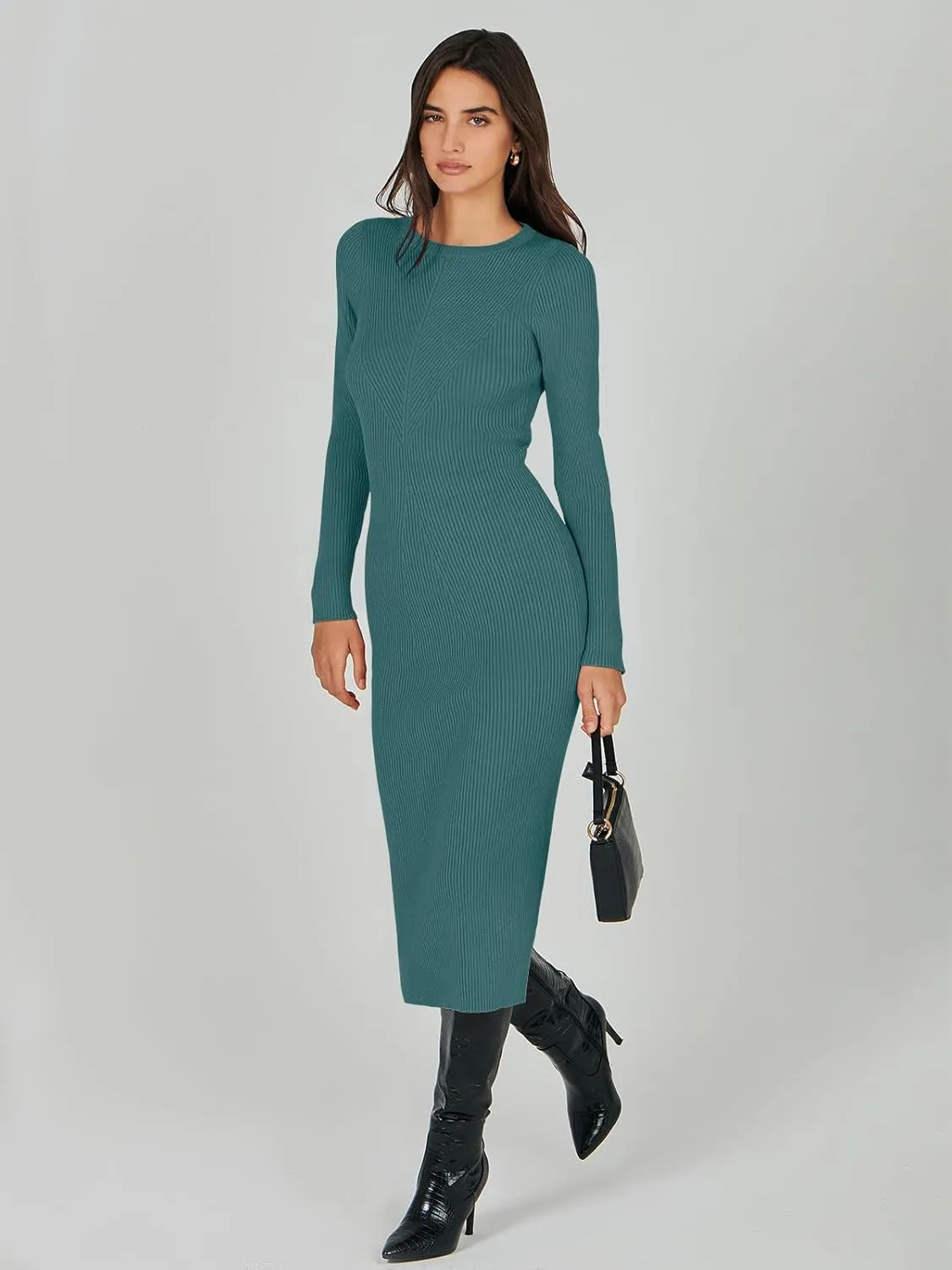 ANRABESS Women Long Sleeve Crewneck Sweater Dress Ribbed Knit Stretch Slim Fit Bodycon Midi Dresses Fall Fashion Outfits
