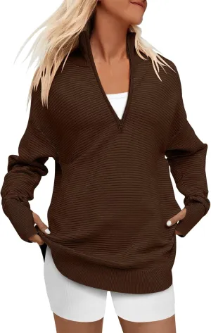 ANRABESS Women's 2025 Fall Long Sleeve Half Zip Casual Oversized Ribbed Knit Pullover Sweater Top Thumb Hole Trendy Outfits