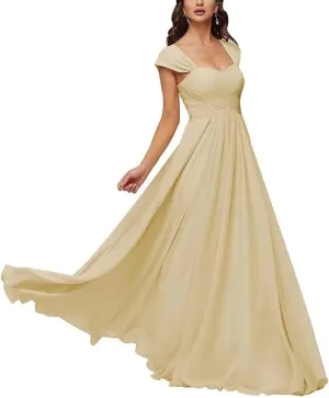 ANYSWBKN Cap Sleeve Juniors Bridesmaid Dresses for Wedding A Line Long Chiffon Ruched Formal Evening Gown