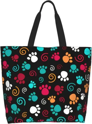 ASYG Cute Dog Cat Paw print Tote Bag for Women Men Beach Bag Portable Handbag Reusable Grocery Bag for Travel Gym Shopping