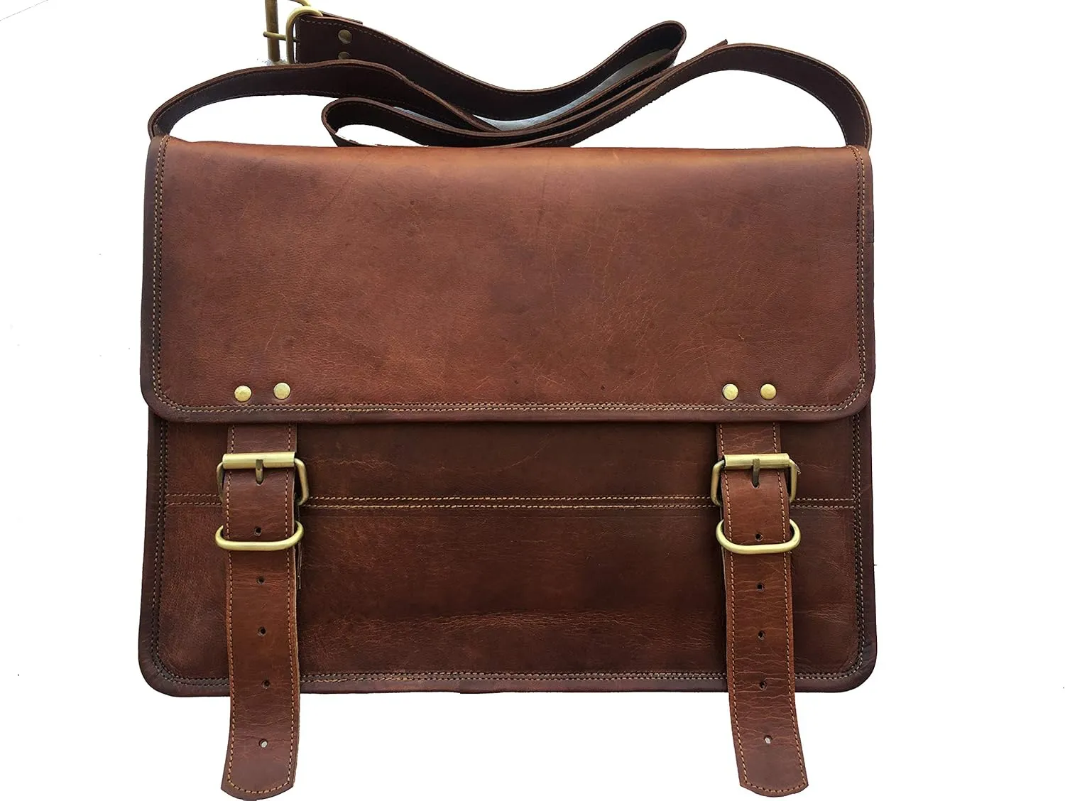 AURA CREATIONS Briefcase Laptop Bag Mens vintage leather messenger bag brown Goat Leather 16" inch Briefcase for Office Without Pocket