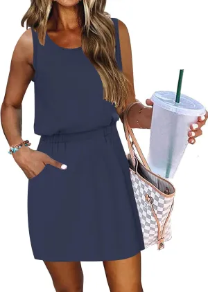 AUSELILY Women Summer Dress 2025 Casual Sleeveless Sundress Crew Neck Beach Short Dresses with Pockets