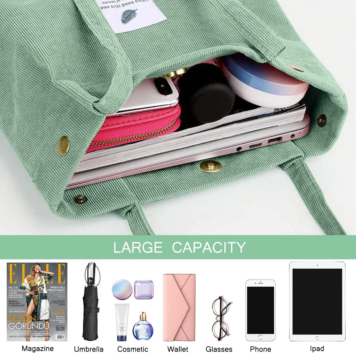 Ayieyill Corduroy Tote Bag for Women Canvas Shoulder Cord Purse with Inner Pocket