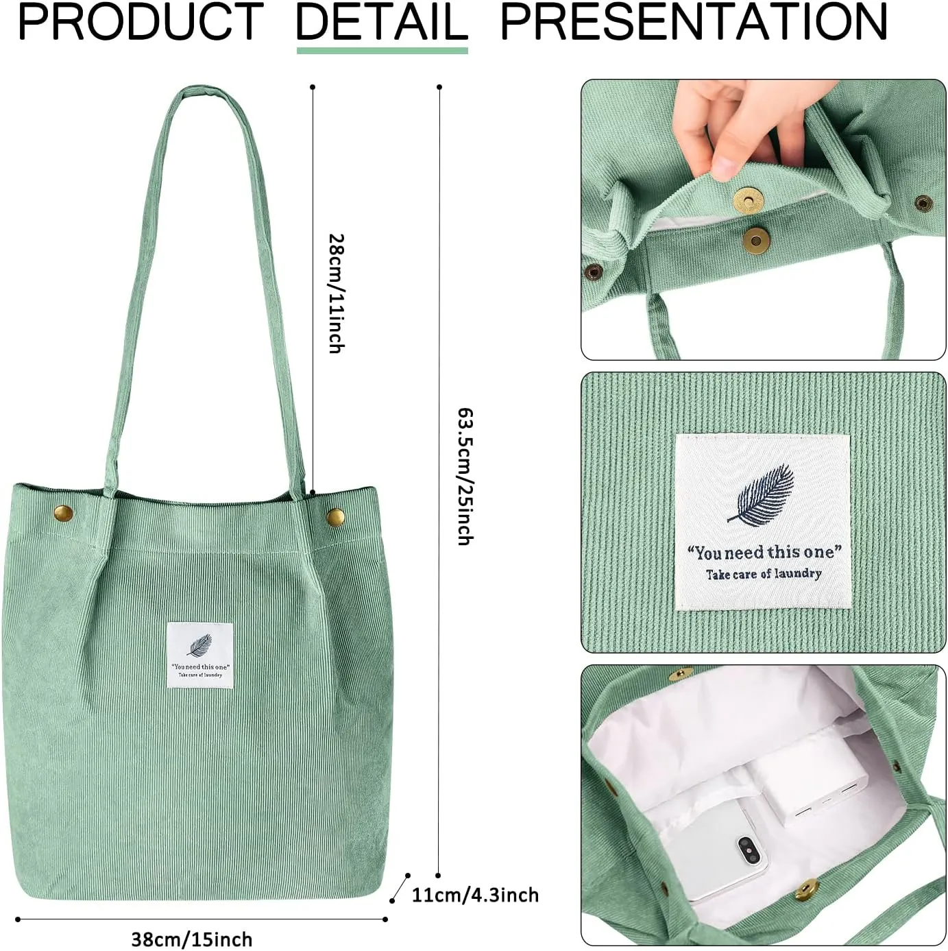 Ayieyill Corduroy Tote Bag for Women Canvas Shoulder Cord Purse with Inner Pocket