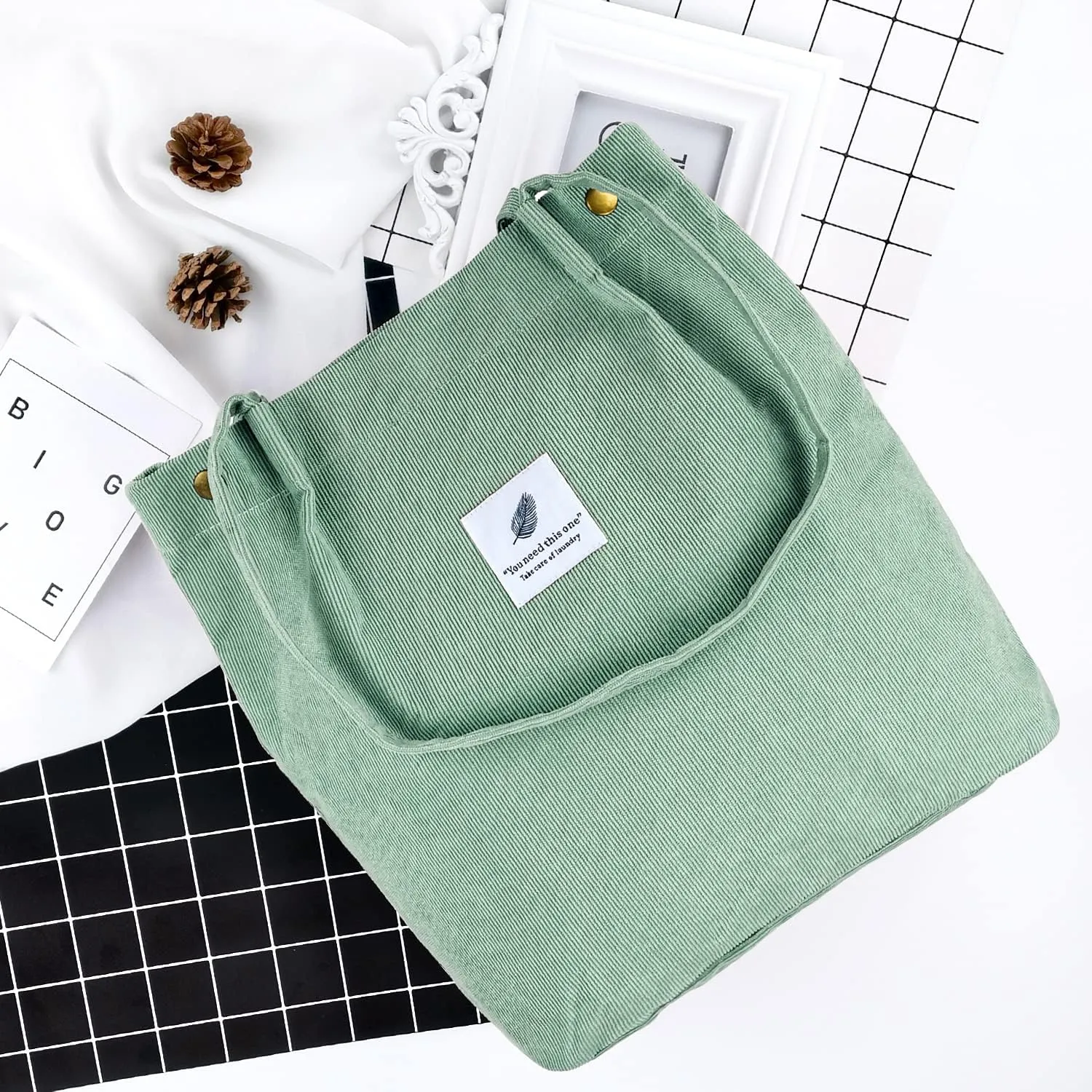 Ayieyill Corduroy Tote Bag for Women Canvas Shoulder Cord Purse with Inner Pocket