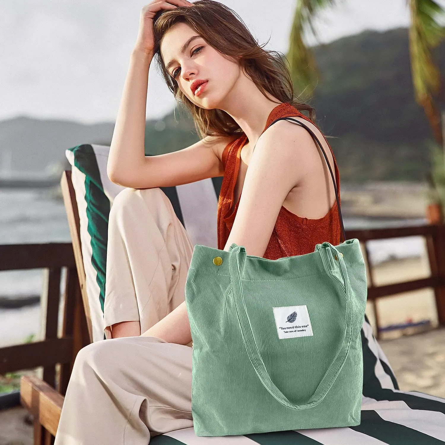 Ayieyill Corduroy Tote Bag for Women Canvas Shoulder Cord Purse with Inner Pocket