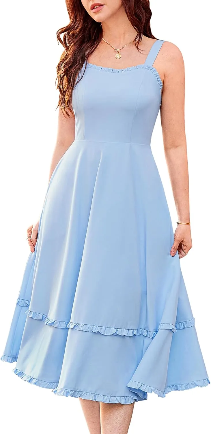 Belle Poque Women Summer Dresses 2025 Square Neck Spaghetti Strap Midi Dress Beach Vacation Sundress