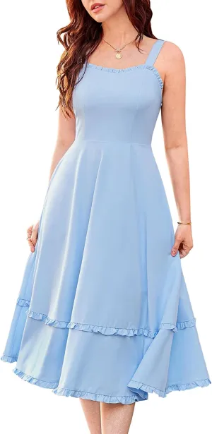 Belle Poque Women Summer Dresses 2025 Square Neck Spaghetti Strap Midi Dress Beach Vacation Sundress