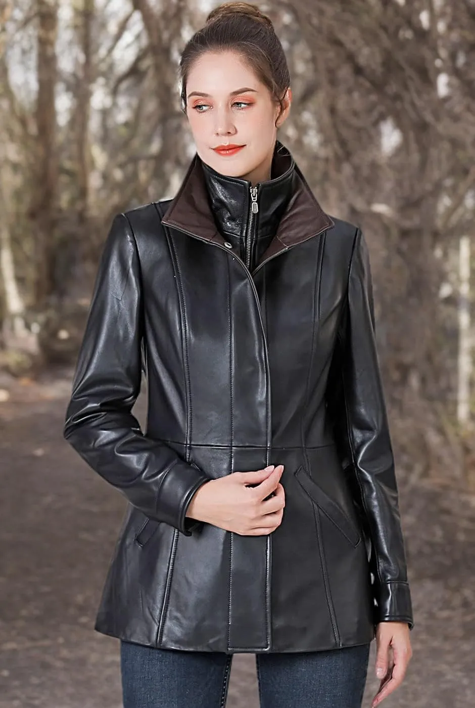 BGSD Women Kara Lambskin Leather Scuba Jacket (Also available in Plus Size & Petite)