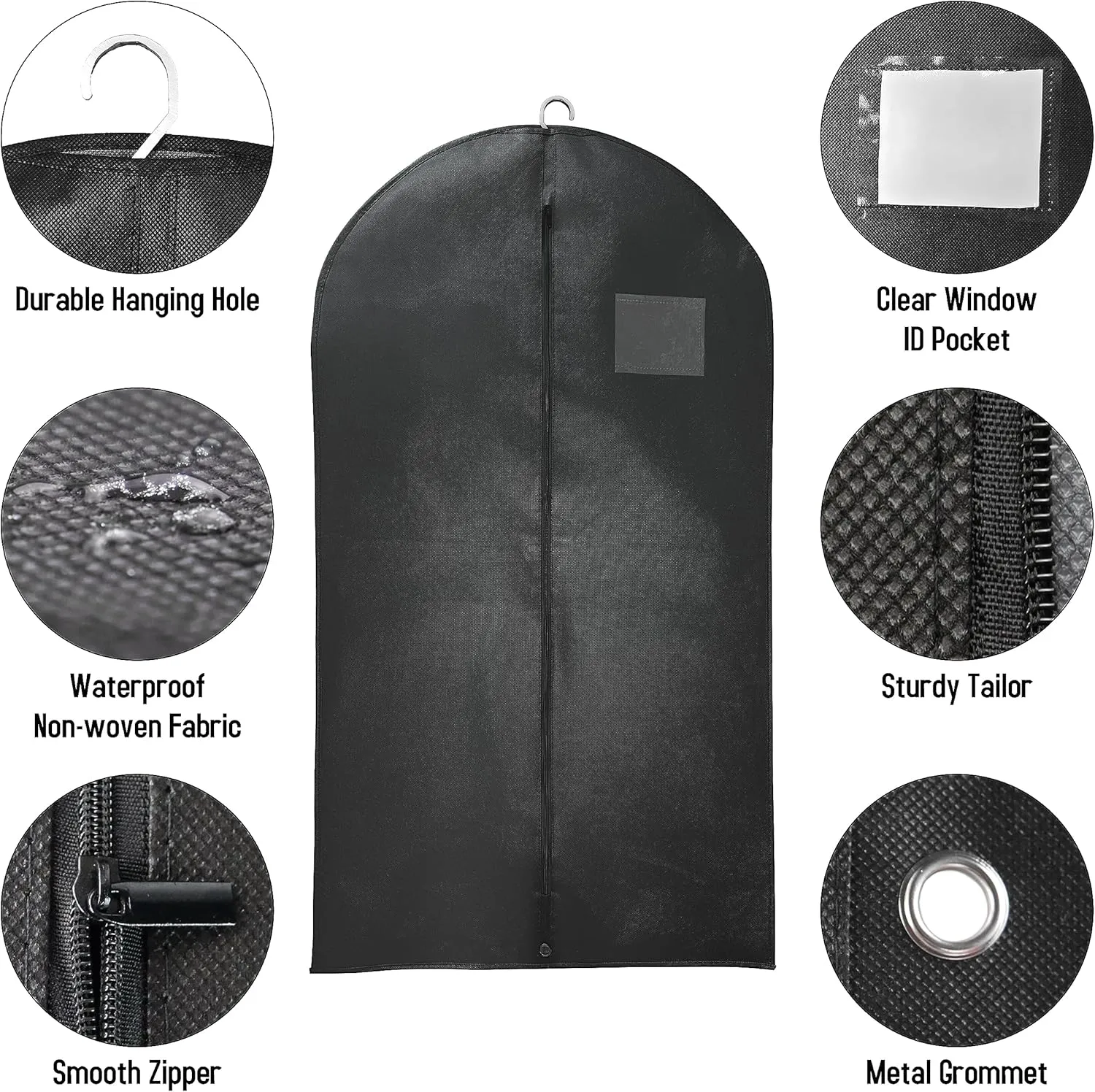 Black Suit Garment Bags, Set of 6 Portable Men's Travel Suit Bags, Waterproof Sturdy Hanging Clothes Pockets for Closet Storage, Business Travel, Clothes, Dress, Shirts (43.3x23.6 inch)