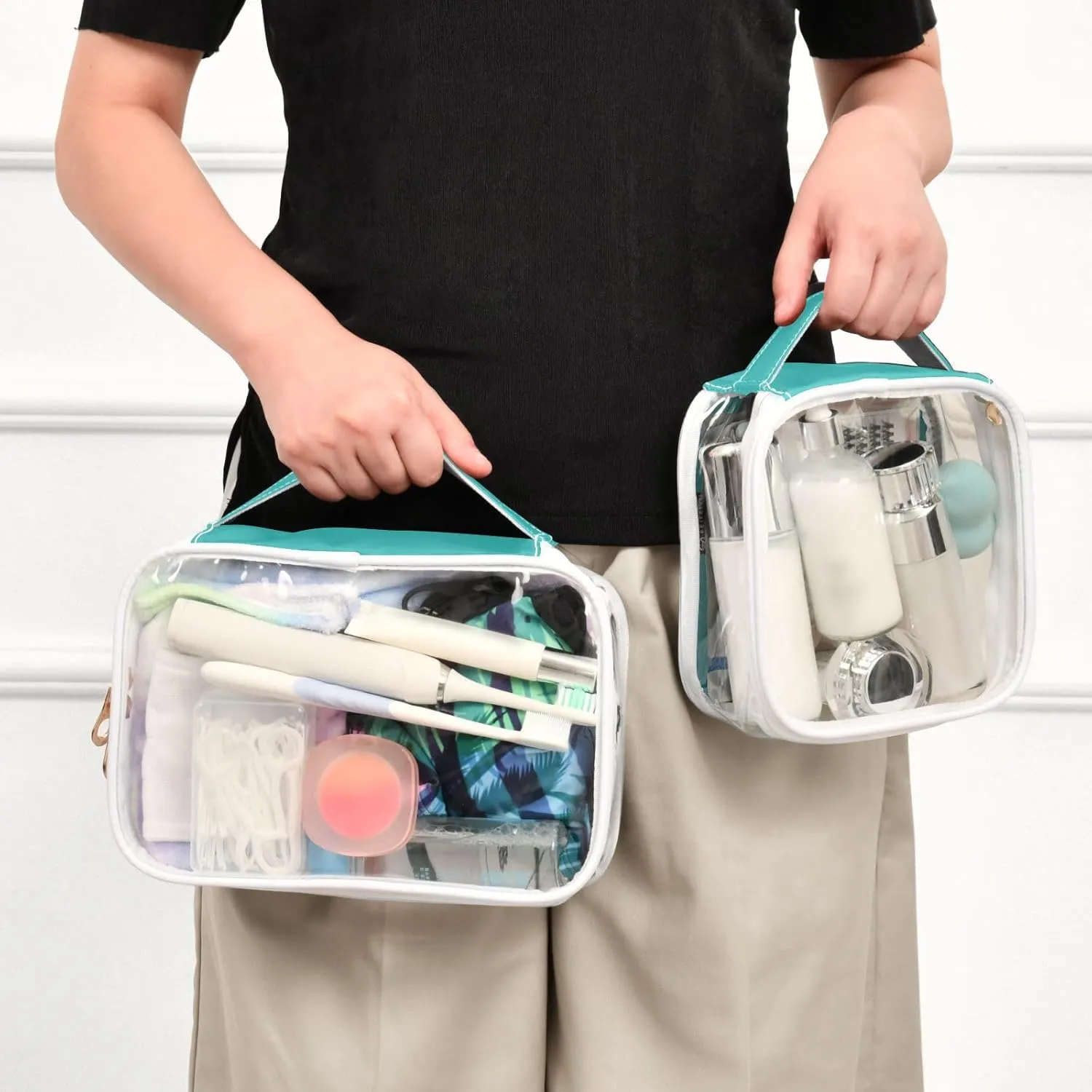 Blue Green Clear Makeup Bags TSA Approved Toiletry Bag for Women Men Cosmetic Bags with Zipper Carry On Airport Airline Compliant Bag Quart Size PVC Travel Bags for Toiletries Cosmetics, 2 Pack