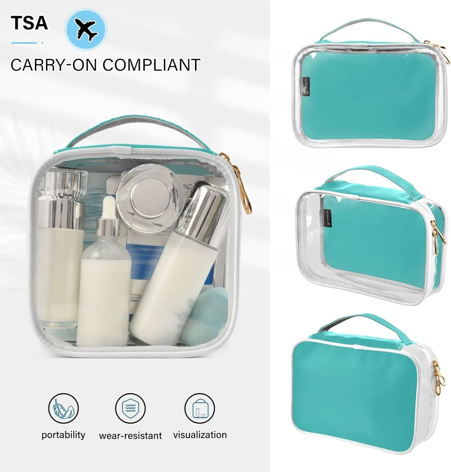 Blue Green Clear Makeup Bags TSA Approved Toiletry Bag for Women Men Cosmetic Bags with Zipper Carry On Airport Airline Compliant Bag Quart Size PVC Travel Bags for Toiletries Cosmetics, 2 Pack