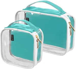 Blue Green Clear Makeup Bags TSA Approved Toiletry Bag for Women Men Cosmetic Bags with Zipper Carry On Airport Airline Compliant Bag Quart Size PVC Travel Bags for Toiletries Cosmetics, 2 Pack