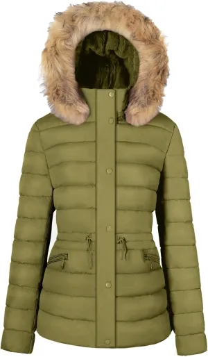 BodiLove Women's Puffer Jacket Fleece Lining Hood with Removable Faux Fur