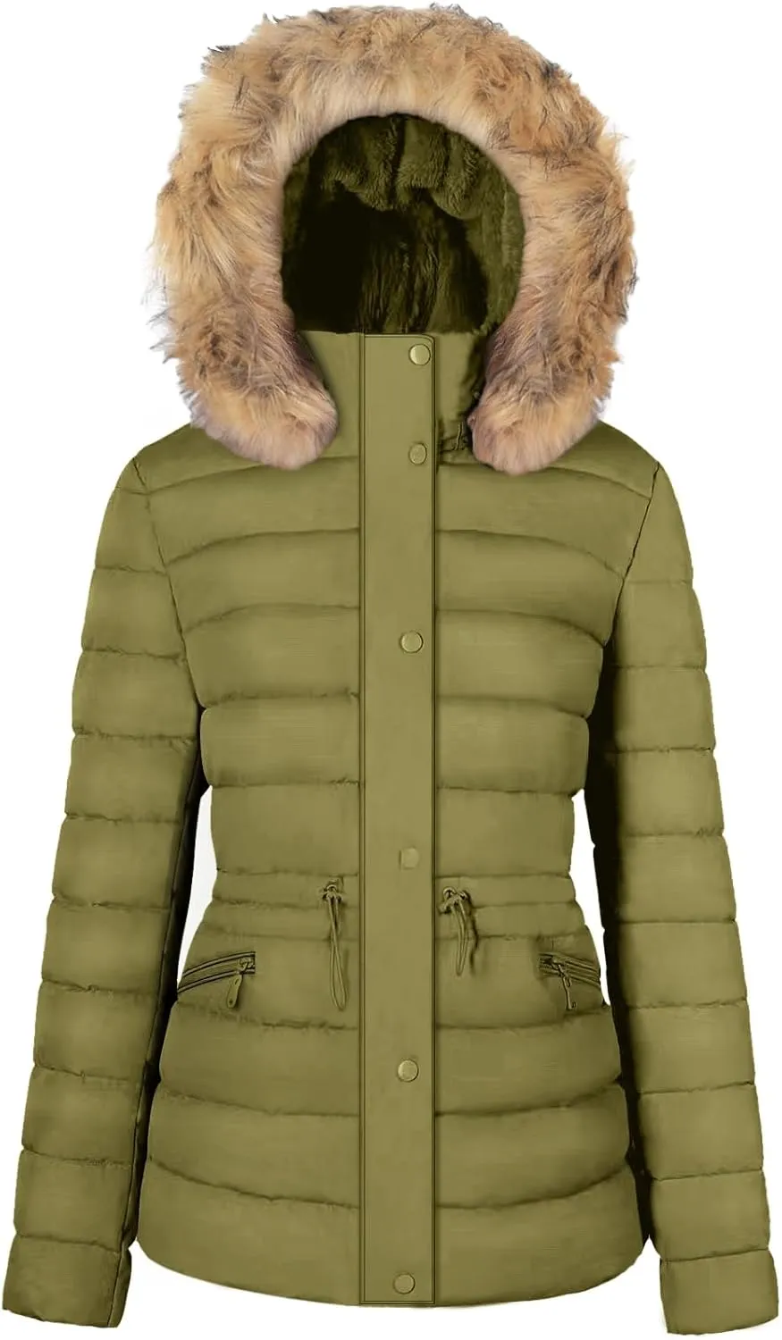 BodiLove Women's Puffer Jacket Fleece Lining Hood with Removable Faux Fur