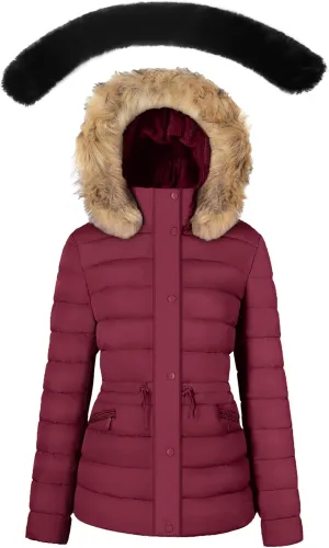 BodiLove Women's Puffer Jacket Fleece Lining Hood with Removable Faux Fur