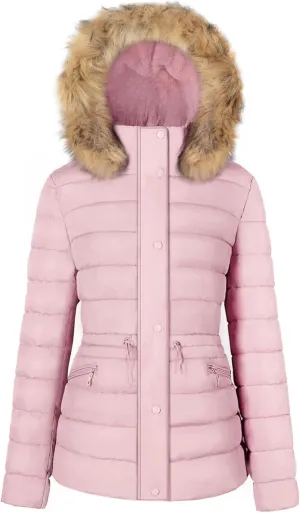 BodiLove Women's Puffer Jacket Fleece Lining Hood with Removable Faux Fur