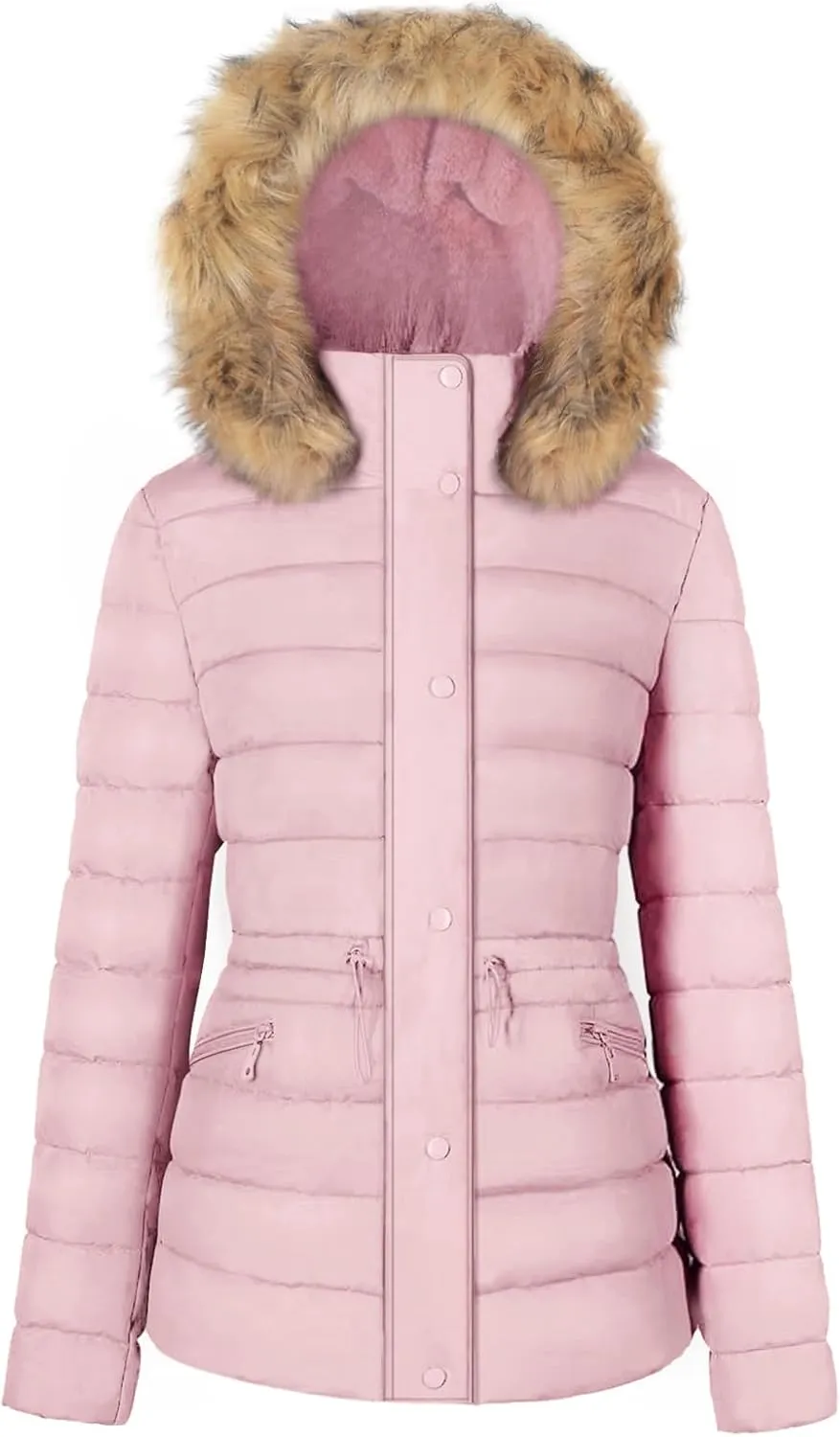BodiLove Women's Puffer Jacket Fleece Lining Hood with Removable Faux Fur