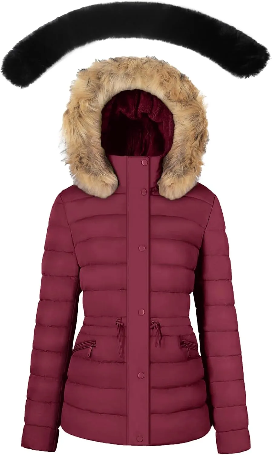 BodiLove Women's Puffer Jacket Fleece Lining Hood with Removable Faux Fur