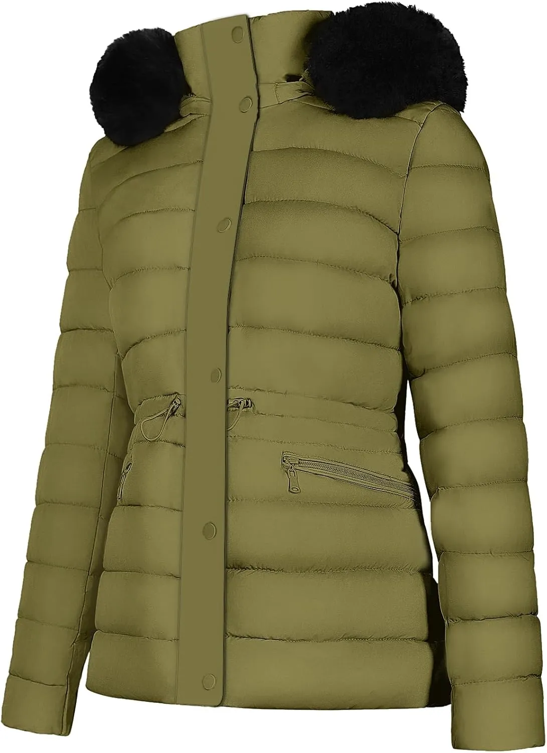 BodiLove Women's Puffer Jacket Fleece Lining Hood with Removable Faux Fur