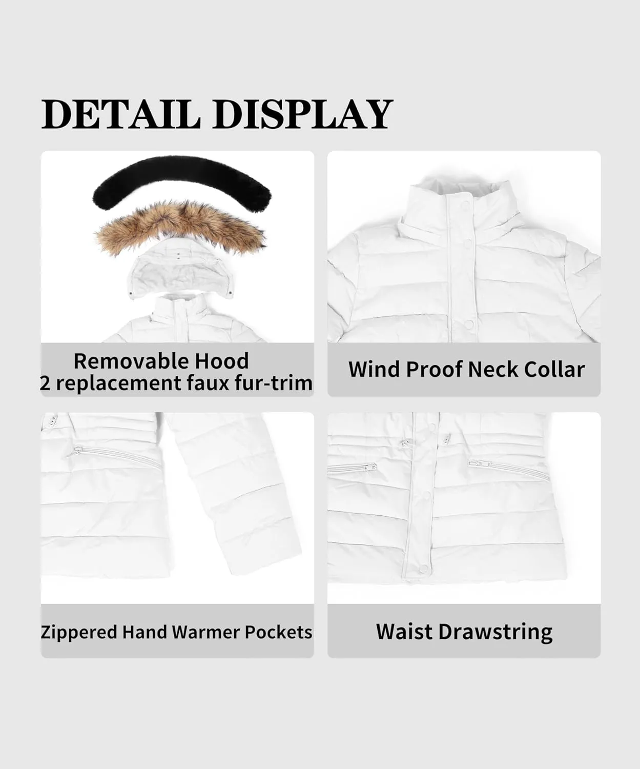 BodiLove Women's Puffer Jacket Fleece Lining Hood with Removable Faux Fur
