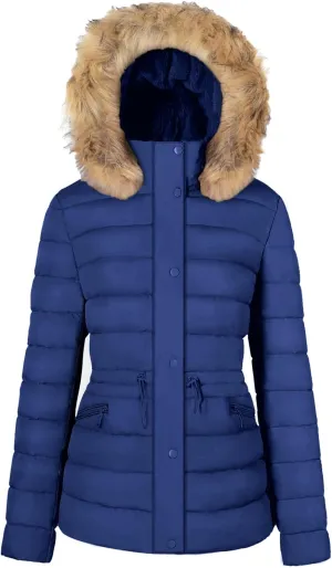 BodiLove Women's Puffer Jacket Fleece Lining Hood with Removable Faux Fur
