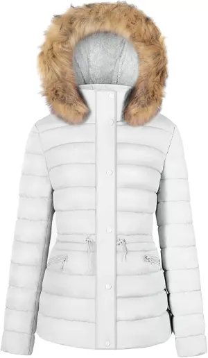BodiLove Women's Puffer Jacket Fleece Lining Hood with Removable Faux Fur