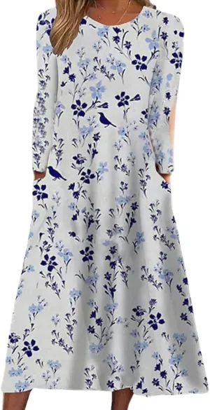 Boho Floral Maxi Dress for Women Casual Loose Summer Short Sleeve Beach Vacation Dresses with Pockets