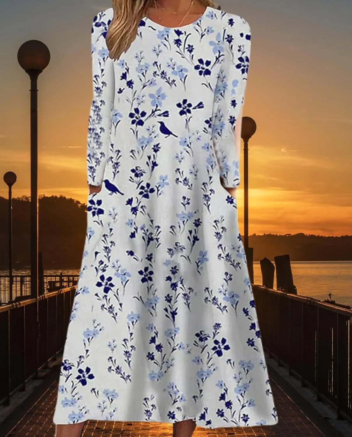 Boho Floral Maxi Dress for Women Casual Loose Summer Short Sleeve Beach Vacation Dresses with Pockets