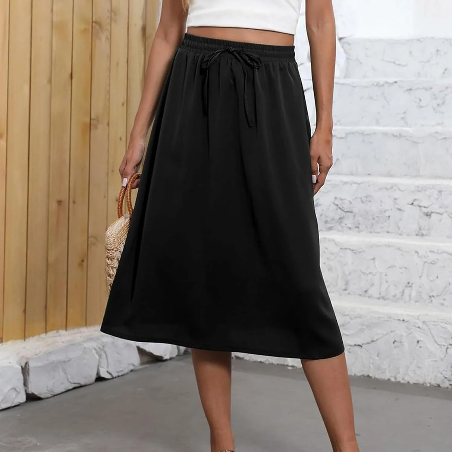 Boho Skirts for Women Lightweight Drawstring High Waisted Trendy Summer Flowy Floral Midi Skirts with Pockets