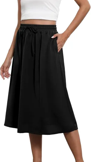 Boho Skirts for Women Lightweight Drawstring High Waisted Trendy Summer Flowy Floral Midi Skirts with Pockets