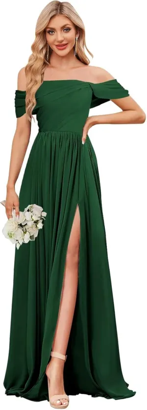 BOLENSYE Off The Shoulder Bridesmaid Dresses Long Chiffon Ruched A Line Evening Party Gown for Women with Slit