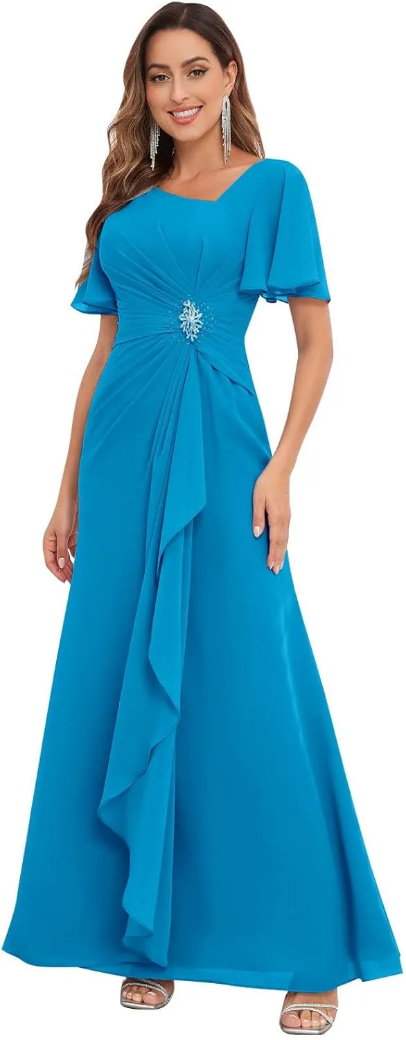 BONOYUER Modest Mother of The Bride Dresses with Sleeves for Wedding V Neck Pleated Chiffon Formal Evening Gown