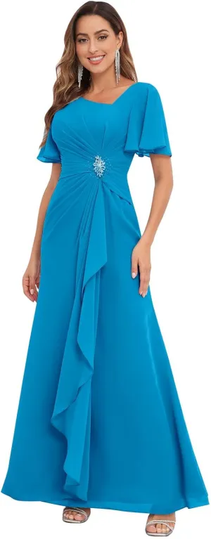 BONOYUER Modest Mother of The Bride Dresses with Sleeves for Wedding V Neck Pleated Chiffon Formal Evening Gown