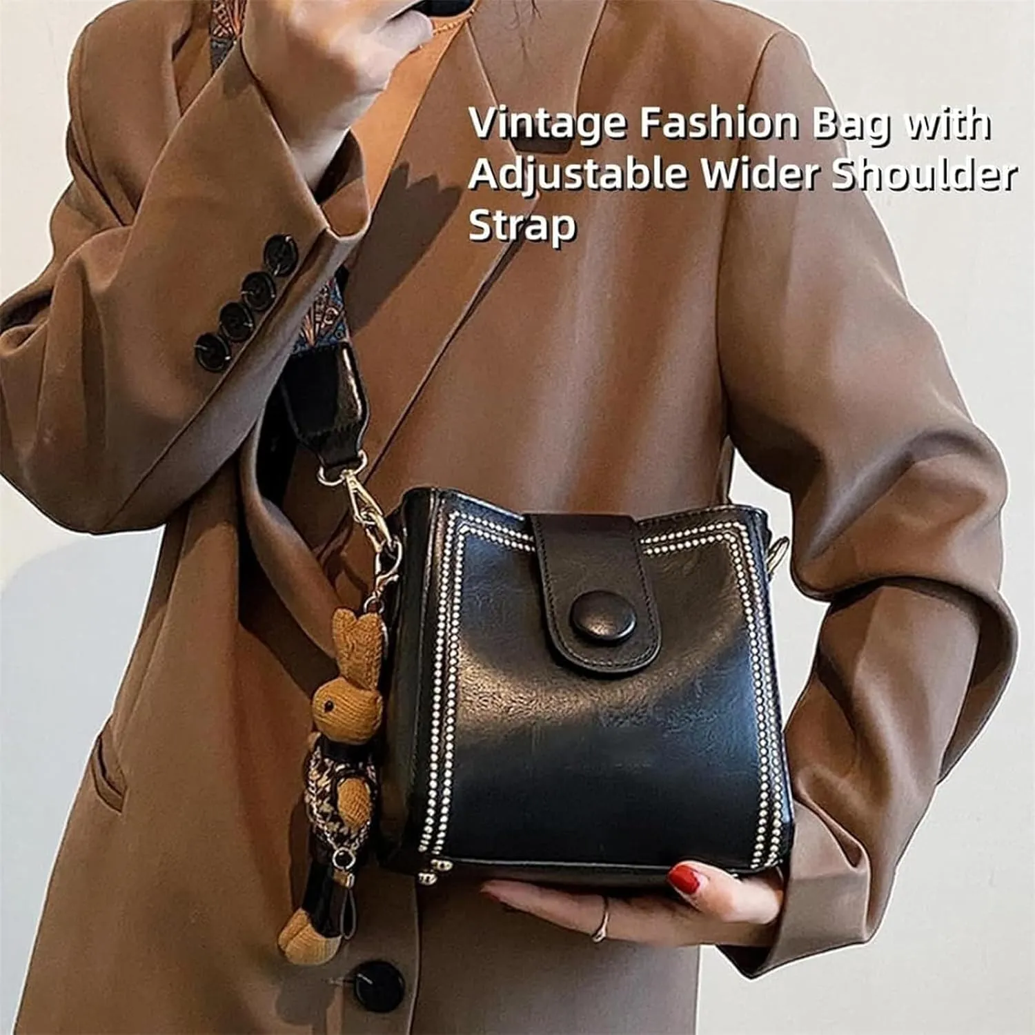 Bootara Bucket Bag, Women's Vintage Bunny Charm Bucket Bag,Adjustable Wide Strap Convertible Shoulder Tote