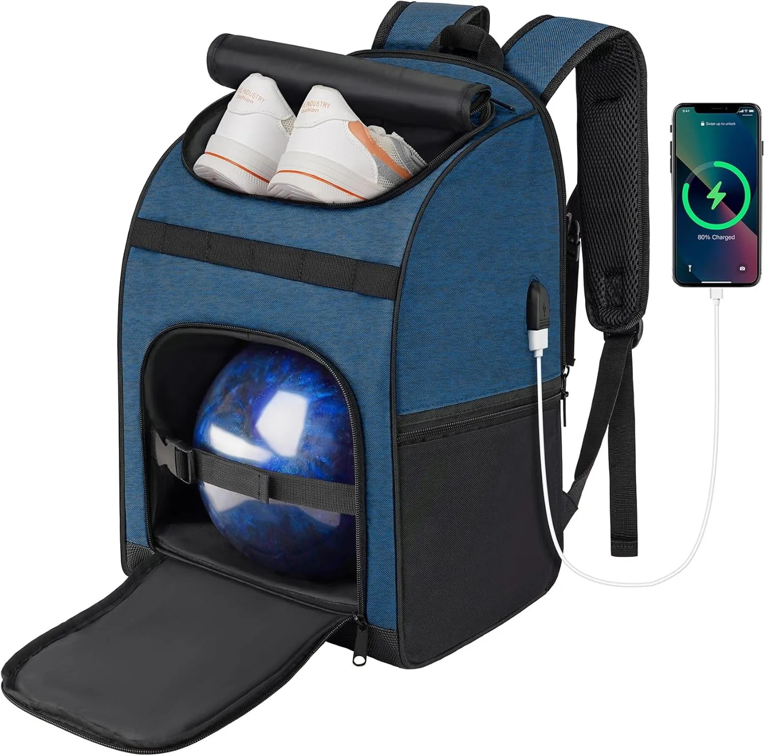 Bowling Backpack, Single Bowling Ball Bag with Shoe Bag Up to Size 16, Bowling Accessories Gifts for Bowling Lovers,Bowling Bag with Padded Ball Holder(BLACK)