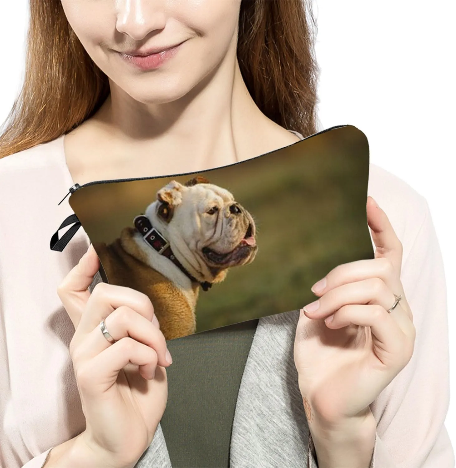 British Bulldog Makeup Bag Puppy Organizer Zipper Pouch British Bulldog Side Face Cosmetic Bag Present for Dog Lovers Dog Mom Women