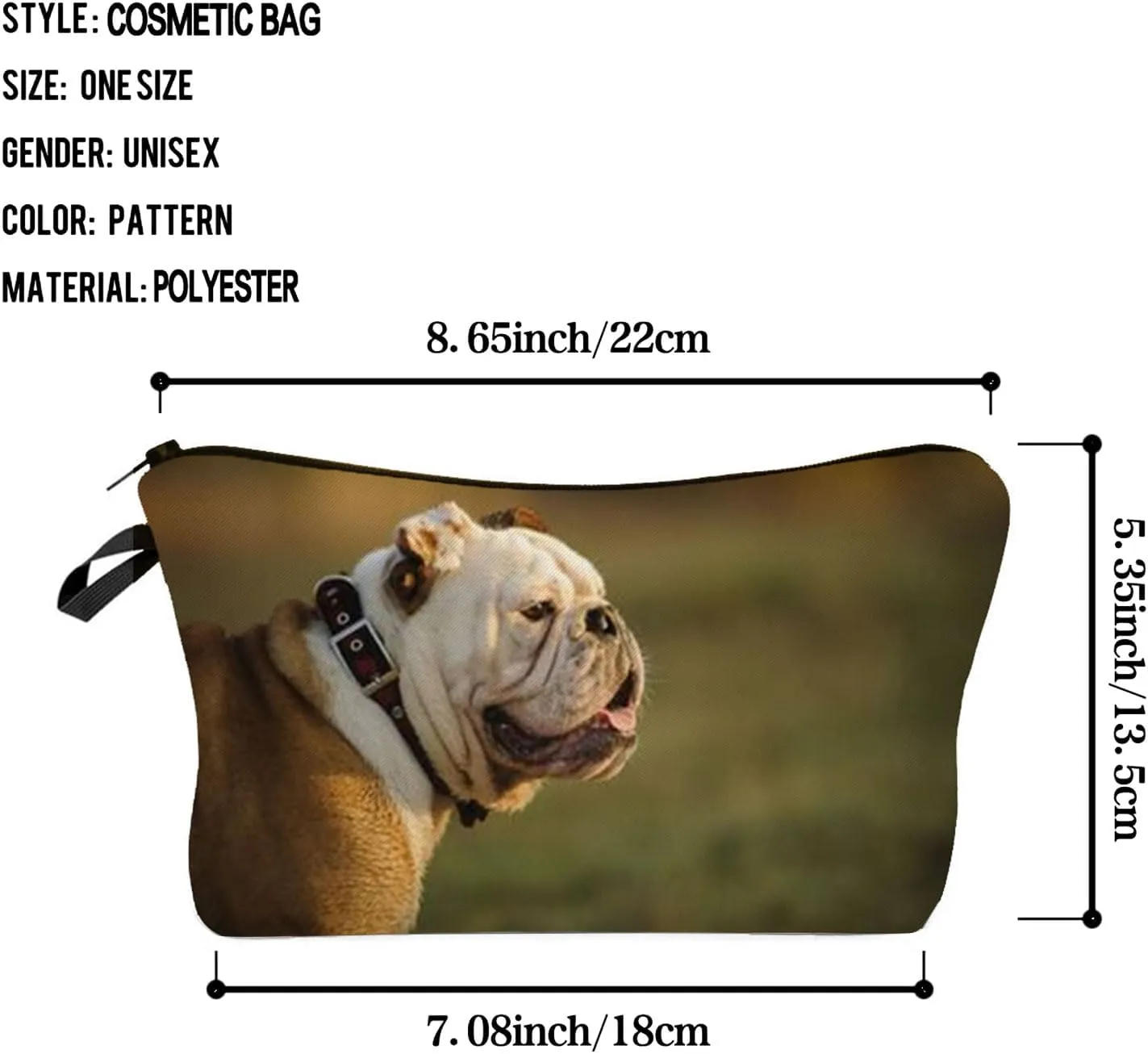 British Bulldog Makeup Bag Puppy Organizer Zipper Pouch British Bulldog Side Face Cosmetic Bag Present for Dog Lovers Dog Mom Women