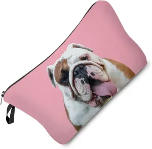 British Bulldog Makeup Bag Puppy Organizer Zipper Pouch Pink Background Strong British Bulldog Cosmetic Bag Present for Dog Lovers Dog Mom Women