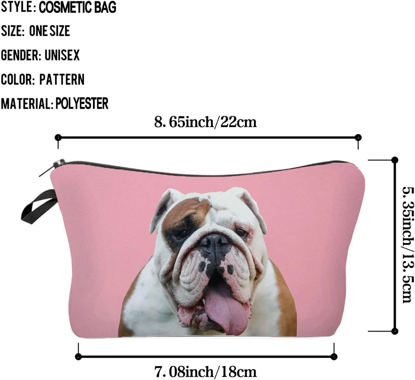 British Bulldog Makeup Bag Puppy Organizer Zipper Pouch Pink Background Strong British Bulldog Cosmetic Bag Present for Dog Lovers Dog Mom Women