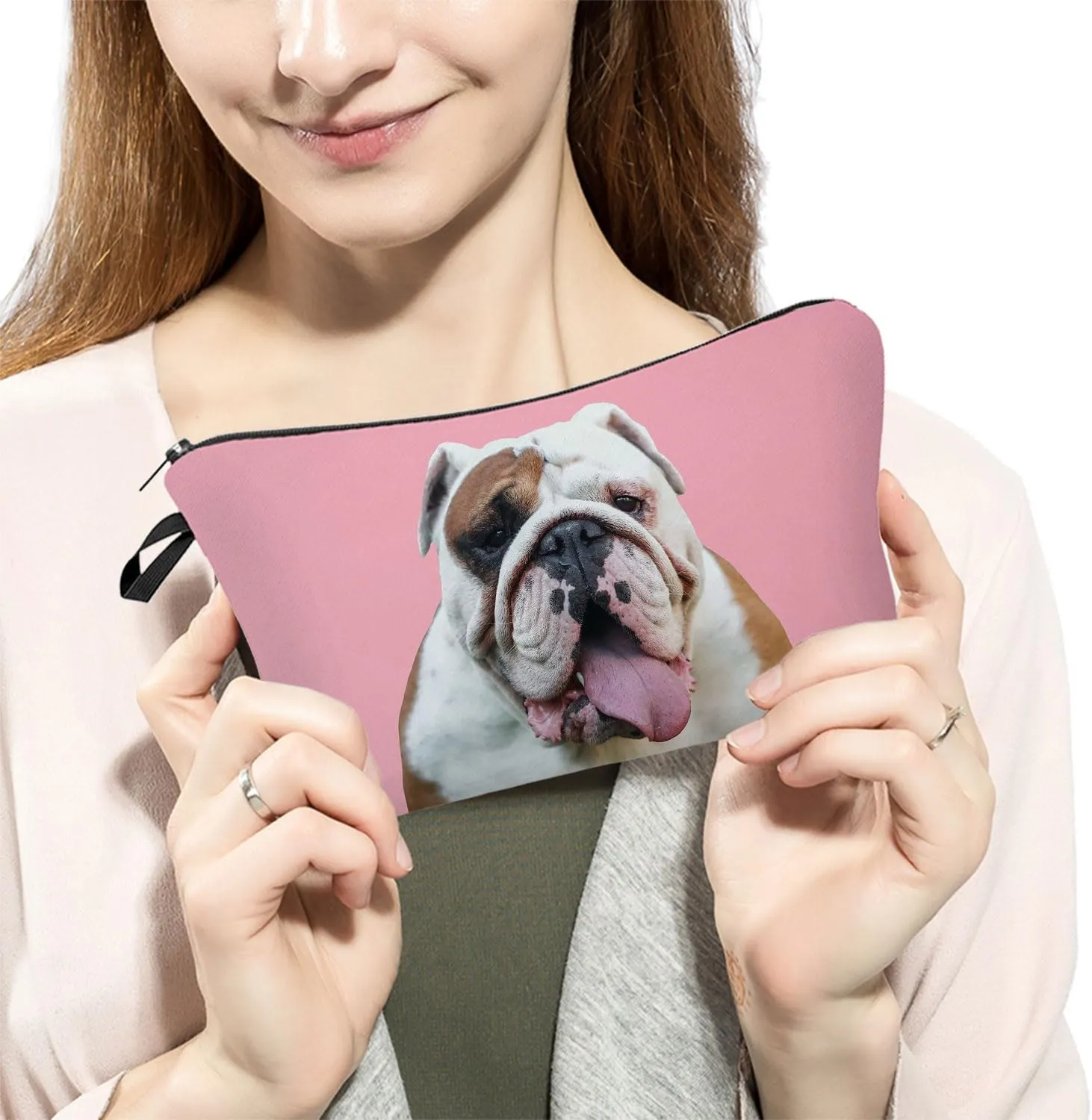 British Bulldog Makeup Bag Puppy Organizer Zipper Pouch Pink Background Strong British Bulldog Cosmetic Bag Present for Dog Lovers Dog Mom Women