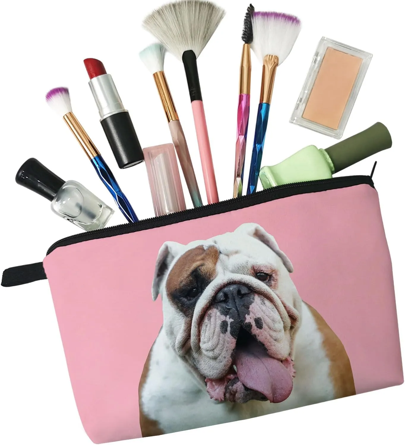 British Bulldog Makeup Bag Puppy Organizer Zipper Pouch Pink Background Strong British Bulldog Cosmetic Bag Present for Dog Lovers Dog Mom Women