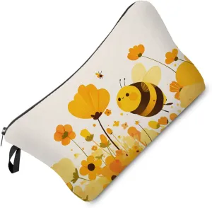 Cartoon Bee Makeup Bag Yellow Floral Chubby Bee Cute Small Organizer Bag Zipper Pouch Bee Floral Cosmetic Bag Present for Bee Lovers Women Friends