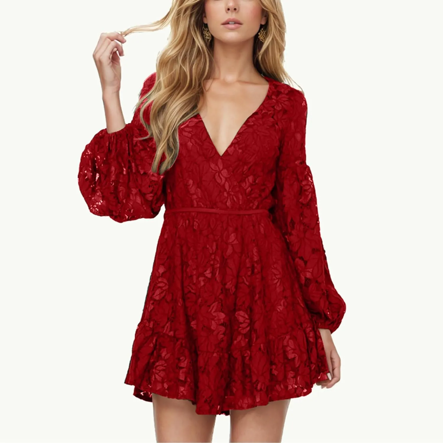 Casual Dresses for Women Womens Long Sleeve Dress V Neck Bubble Tie Waist Floral Flowy Swing Mini Dresses for Women