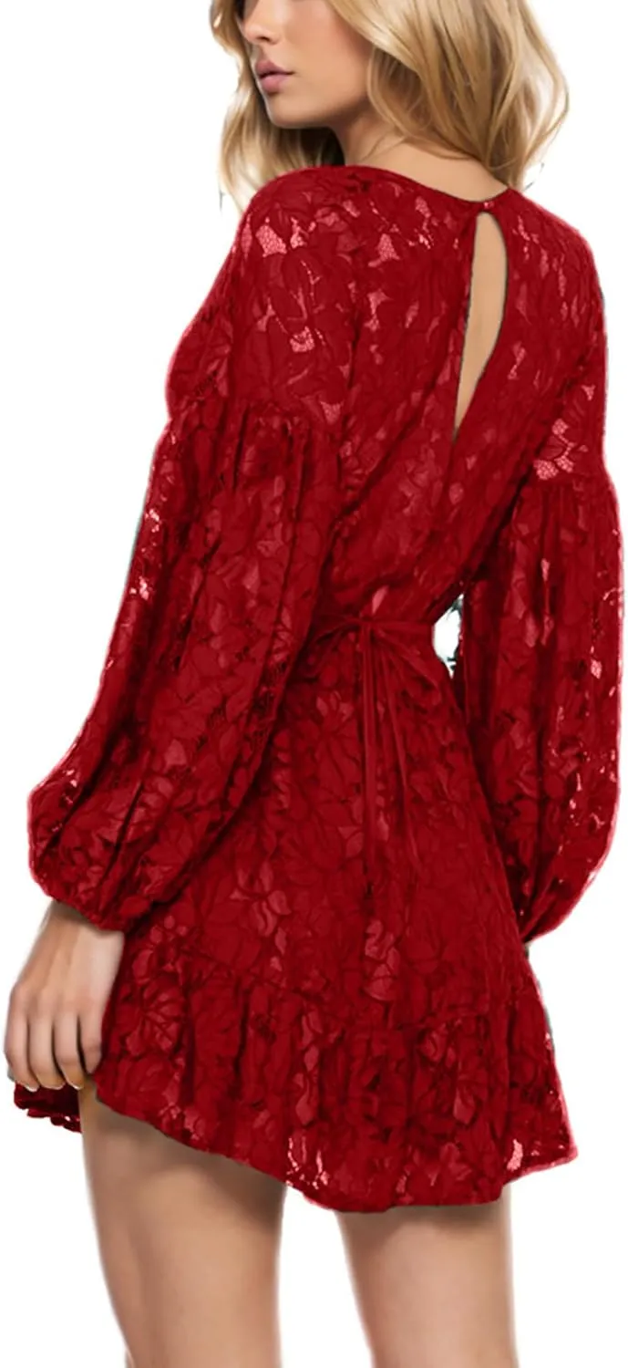 Casual Dresses for Women Womens Long Sleeve Dress V Neck Bubble Tie Waist Floral Flowy Swing Mini Dresses for Women